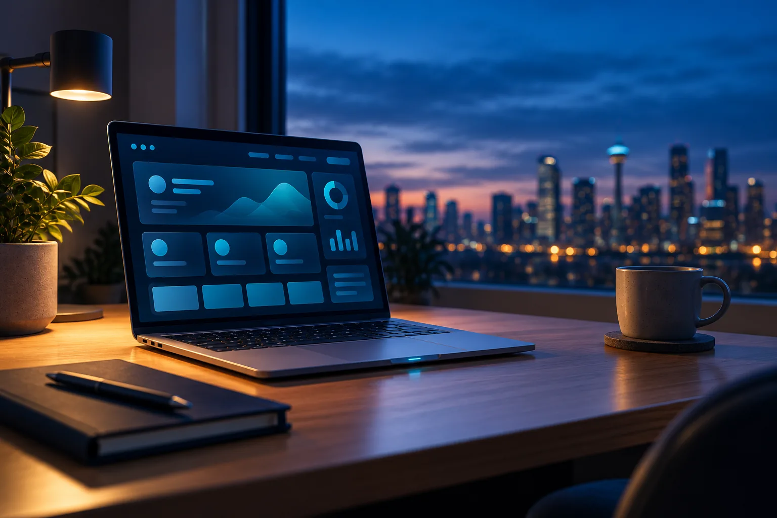 A tidy desk with a laptop at dusk, a city skyline through the window